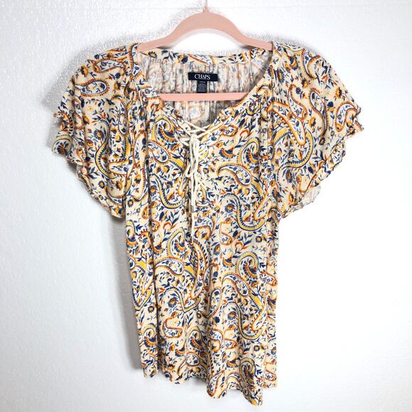 Chaps Semisheer Blouse Yellow Multicolor Short Sleeve Women Size S Lace Up - Picture 1 of 7